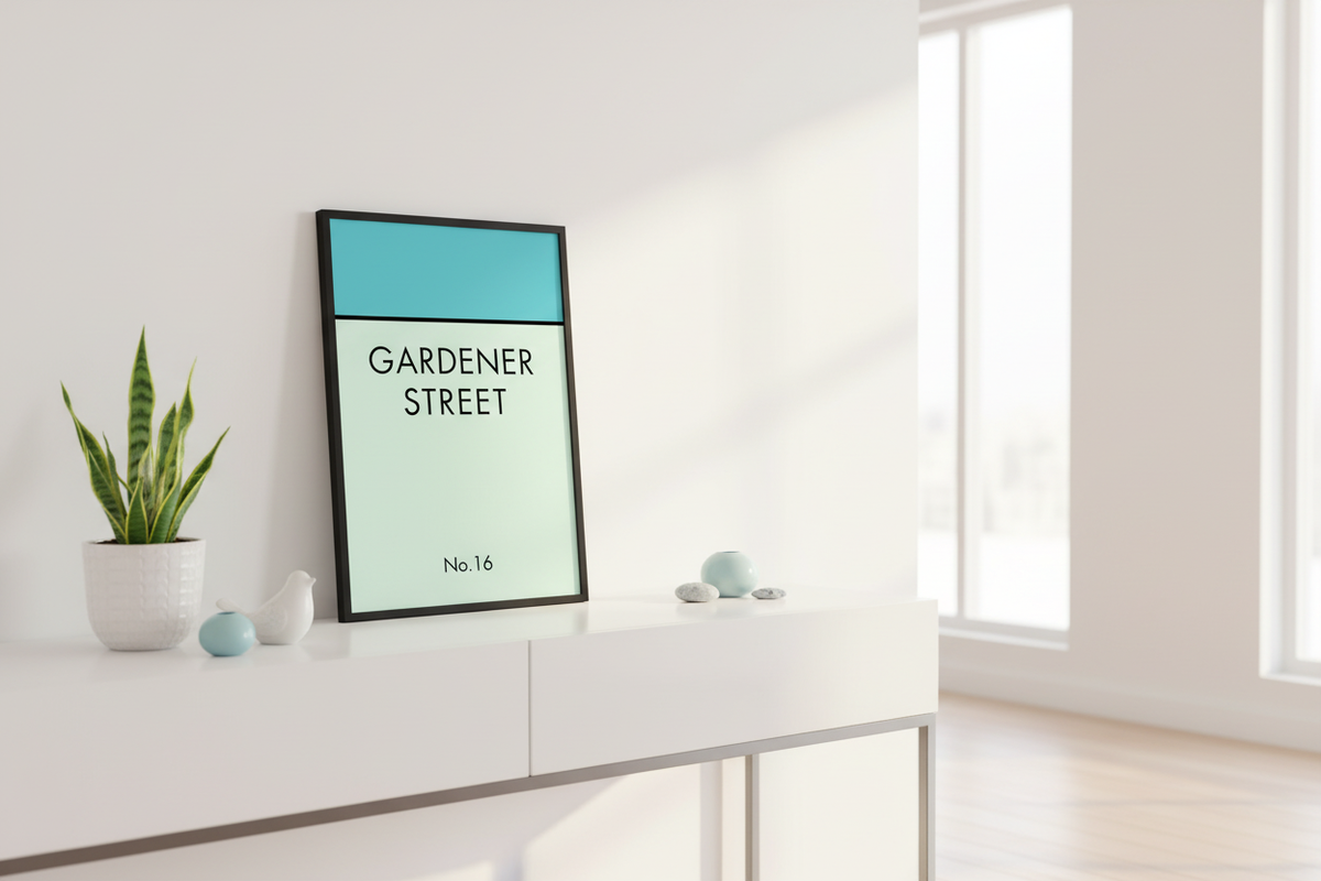 Gardener Street personalized print displayed on entryway console table