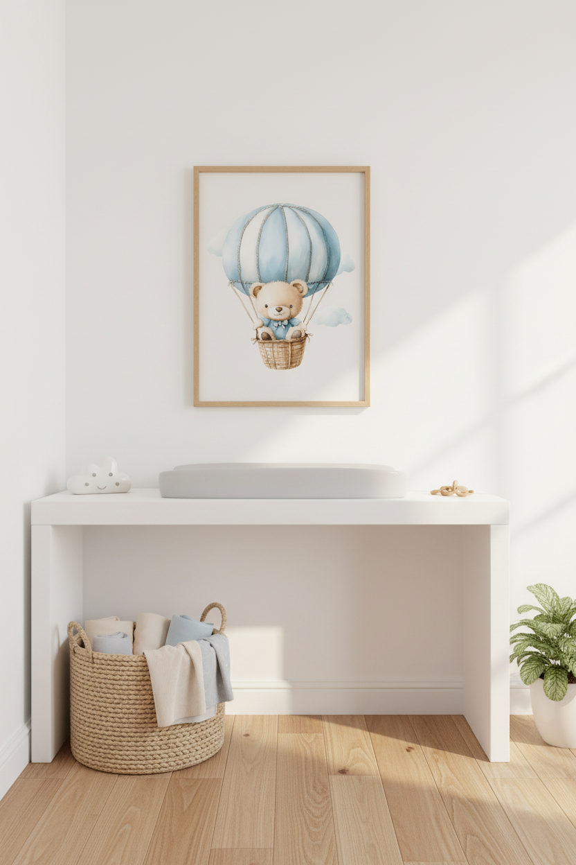Teddy bear in blue hot air balloon print in bright minimalist nursery