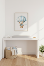 Teddy bear in blue hot air balloon print in bright minimalist nursery