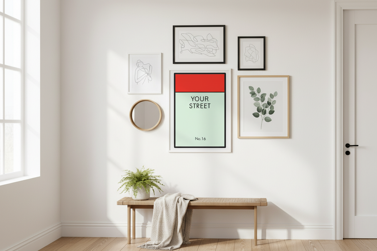 Personalized street sign print in hallway gallery wall arrangement