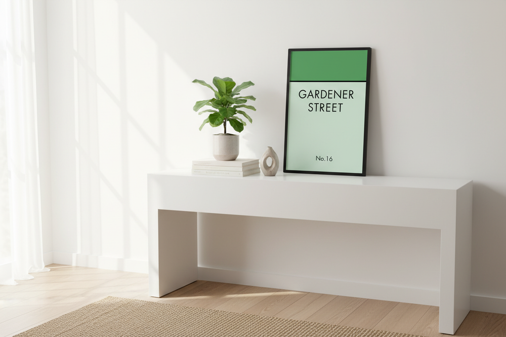 Gardener Street personalized print displayed on entryway console table