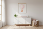 Teddy bear in pink hot air balloon print in bright minimalist nursery