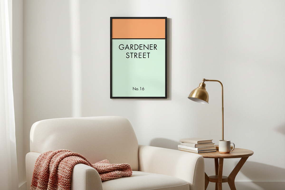 Gardener Street print above cozy reading nook