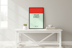 Personalized street sign print displayed on entryway console table