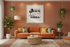 Jesus is my Rock print in a wooden frame in a colourful living room mockup