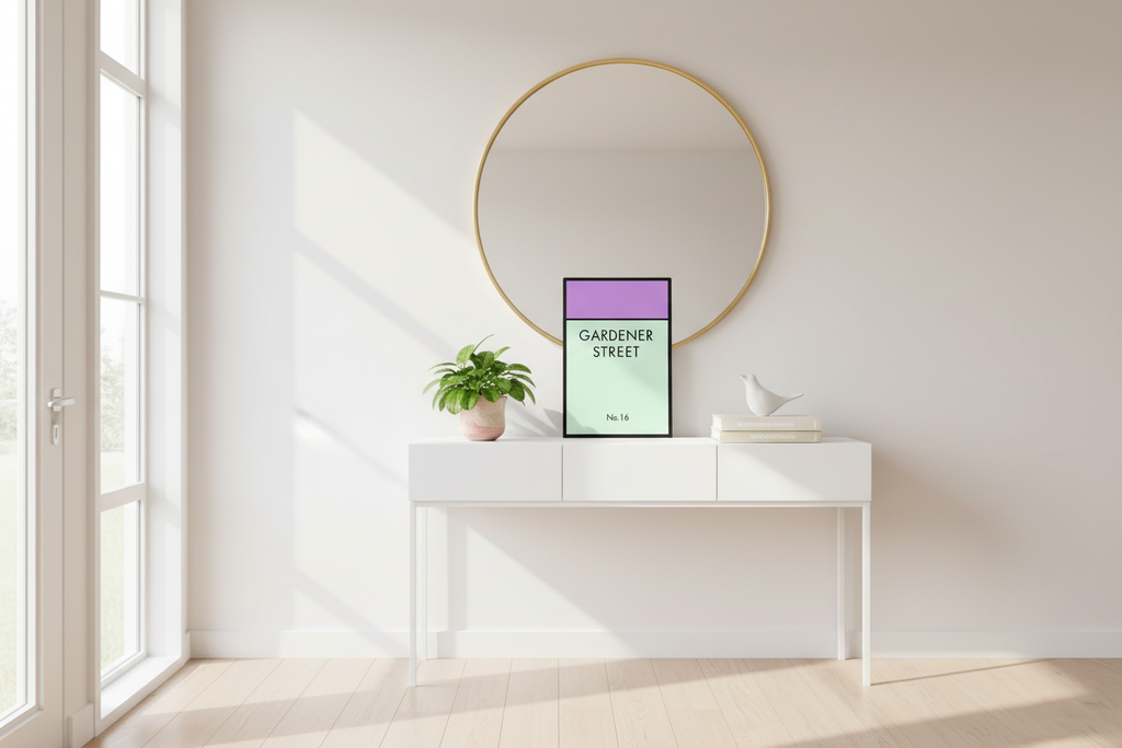 Gardener Street personalized print displayed on entryway console table