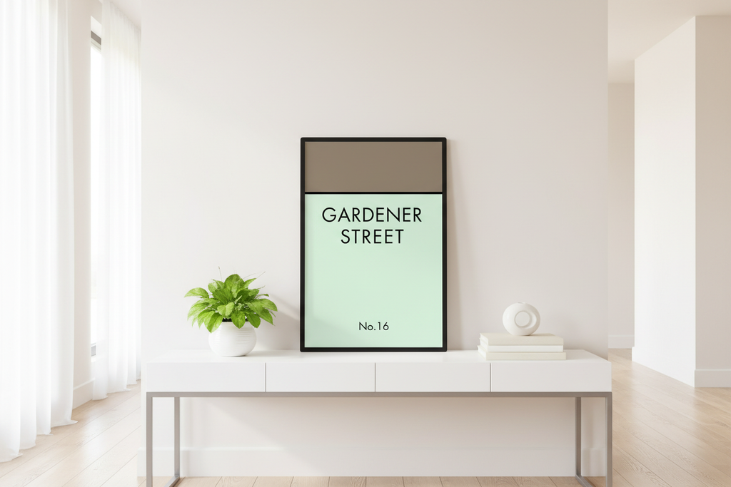Gardener Street personalized print displayed on entryway console table