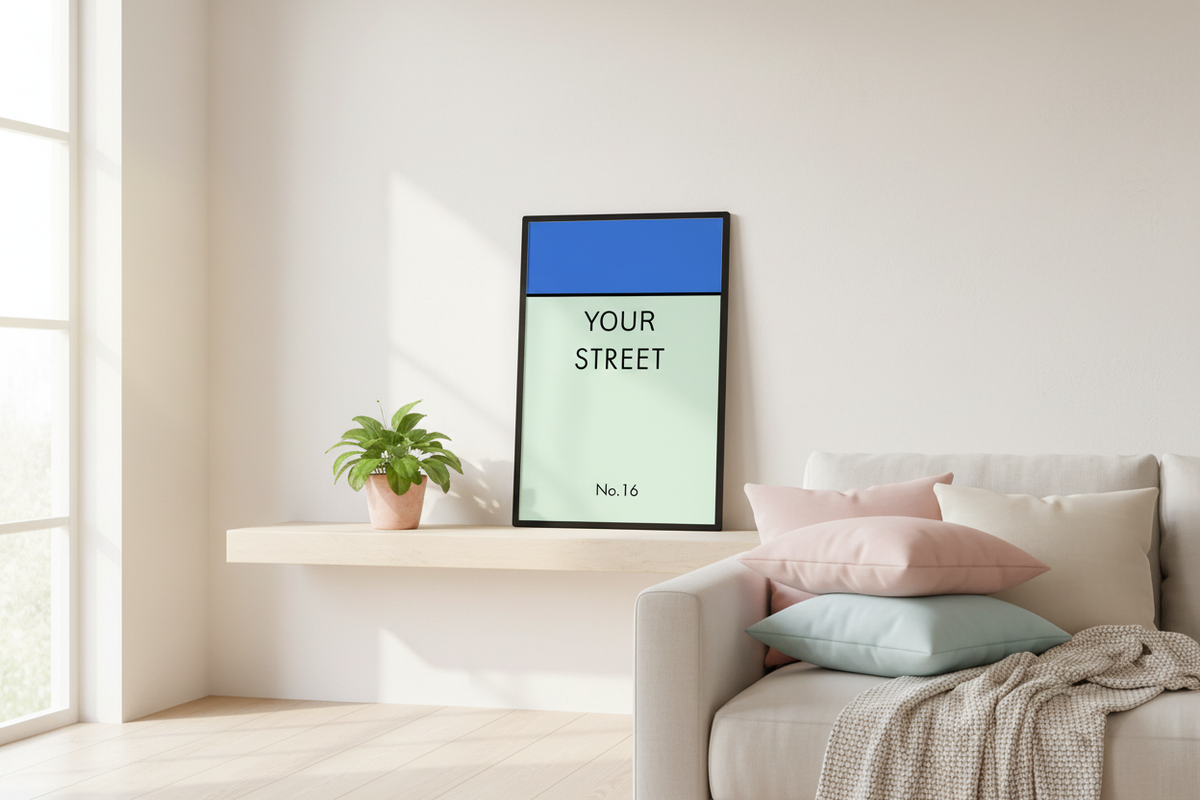 Personalized street sign print on living room floating shelf