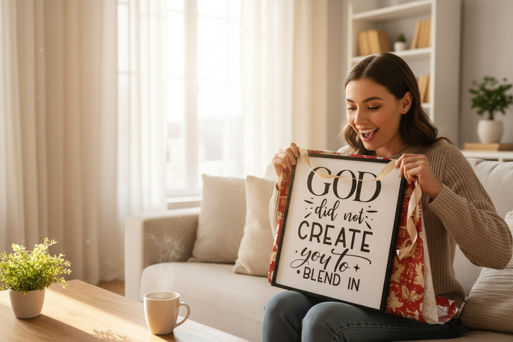 Lady Unwrapping Framed Print as a Gift